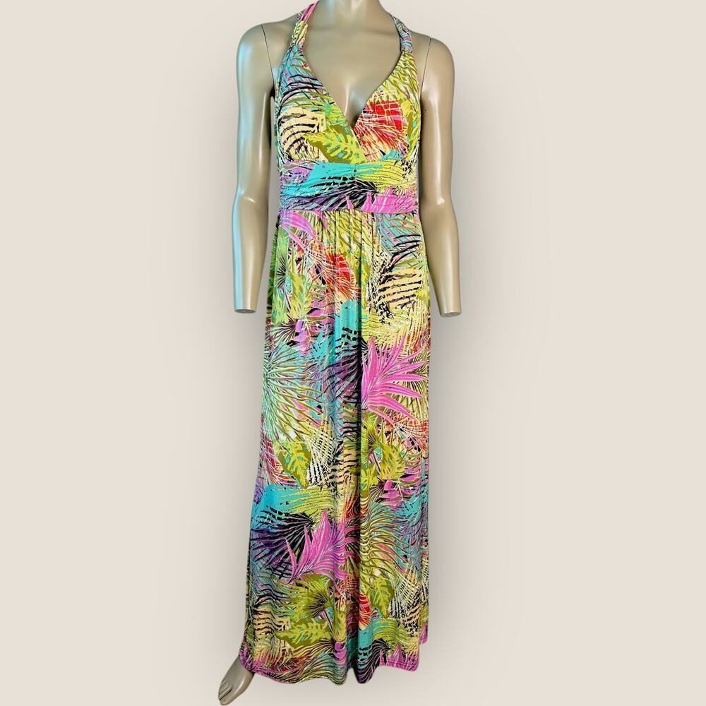 Mlle Gabrielle Tropical Halter Maxi Dress BOHO Women L Jersey Floral Palm Print